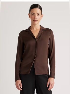 Quince Washable Stretch Silk Notch Collar Blouse Hot Fudge , size Small